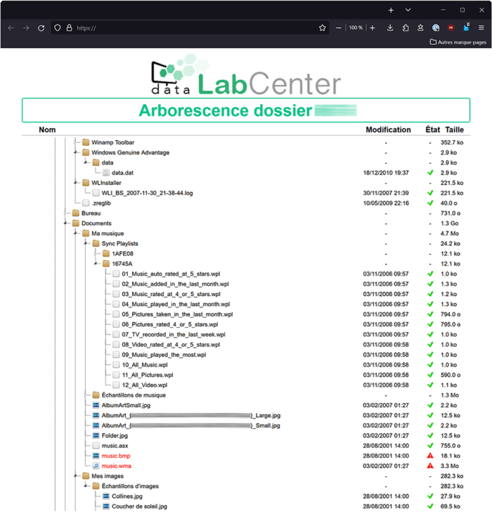 Logiciel de contrôle des données récupérées - Screenshot